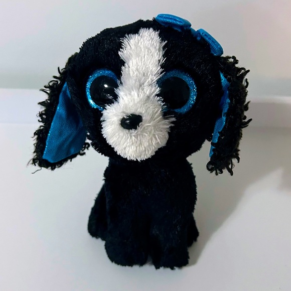 Ty Beanie Boo - Tracy The Dog 6” No Tag Curly Fur Blue Bow - Picture 2 of 8